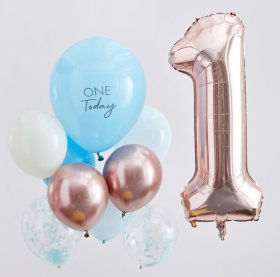 Blue & Rose Gold 1st Bday Balloons